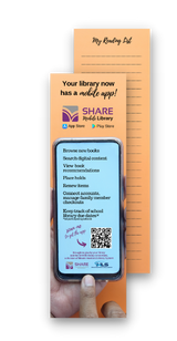 SHARE Mobile Library bookmarks for patrons (showing front and back)