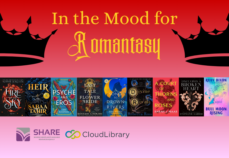 The phrase "In the mood for romantasy" on a red background with black crown silhouettes is above a row of book covers.