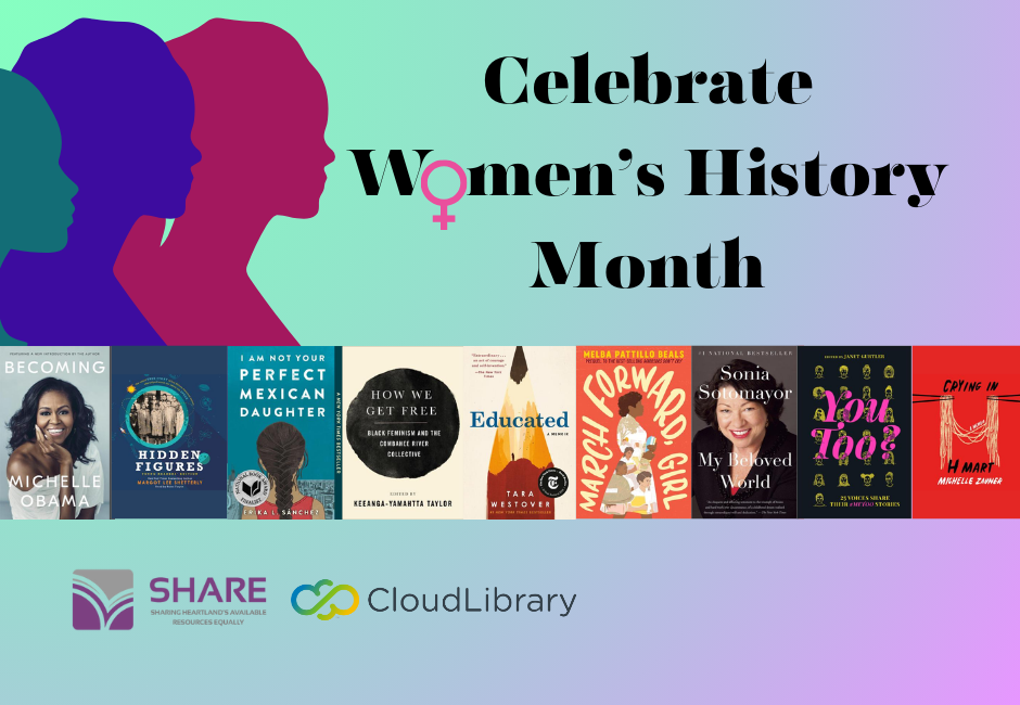 Colorful silhouettes of faces next to the words Celebrate Women's History Month. A row of book covers is below.