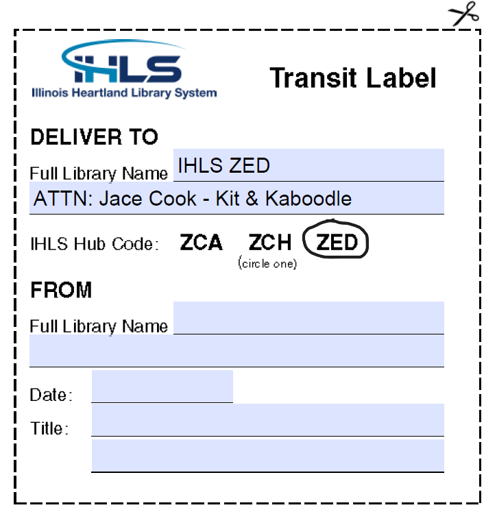 An example IHLS transit slip showing how to address Kit & Kaboodles for cataloging
