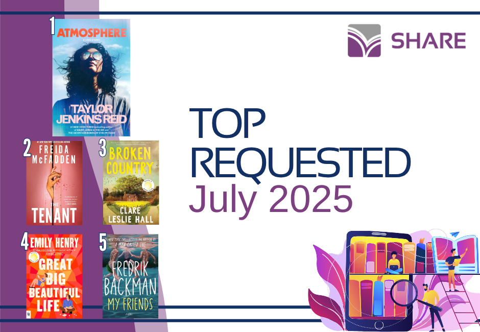 Top Requested July 2025. Covers of the top five books on the left.