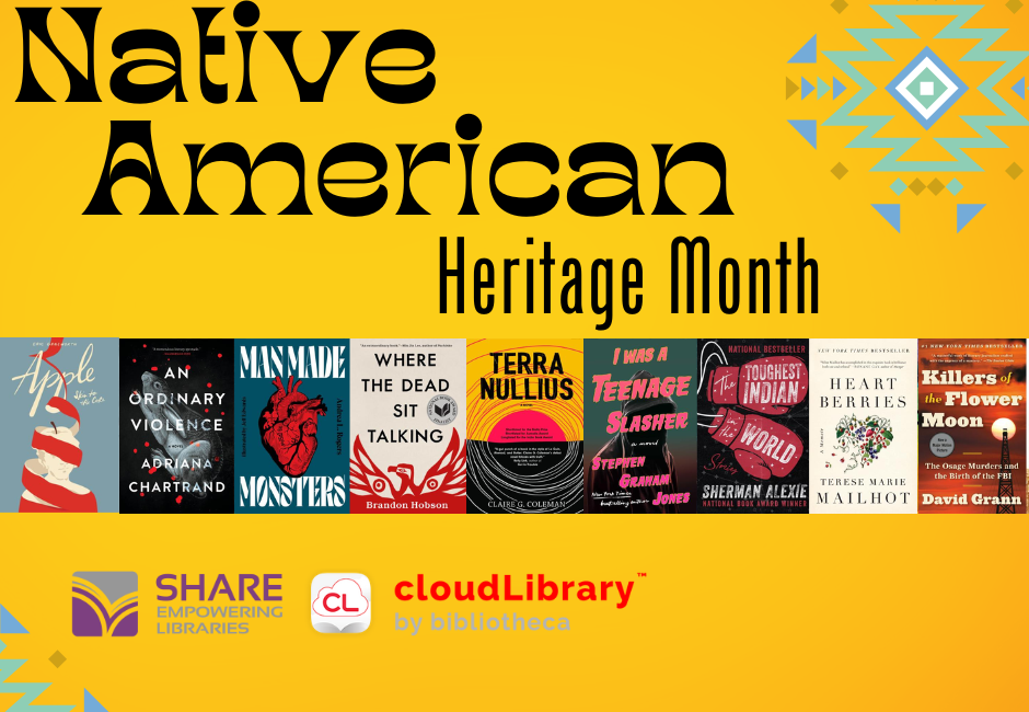 Graphic with the words Native American Heritage Month displayed above a row of book covers.