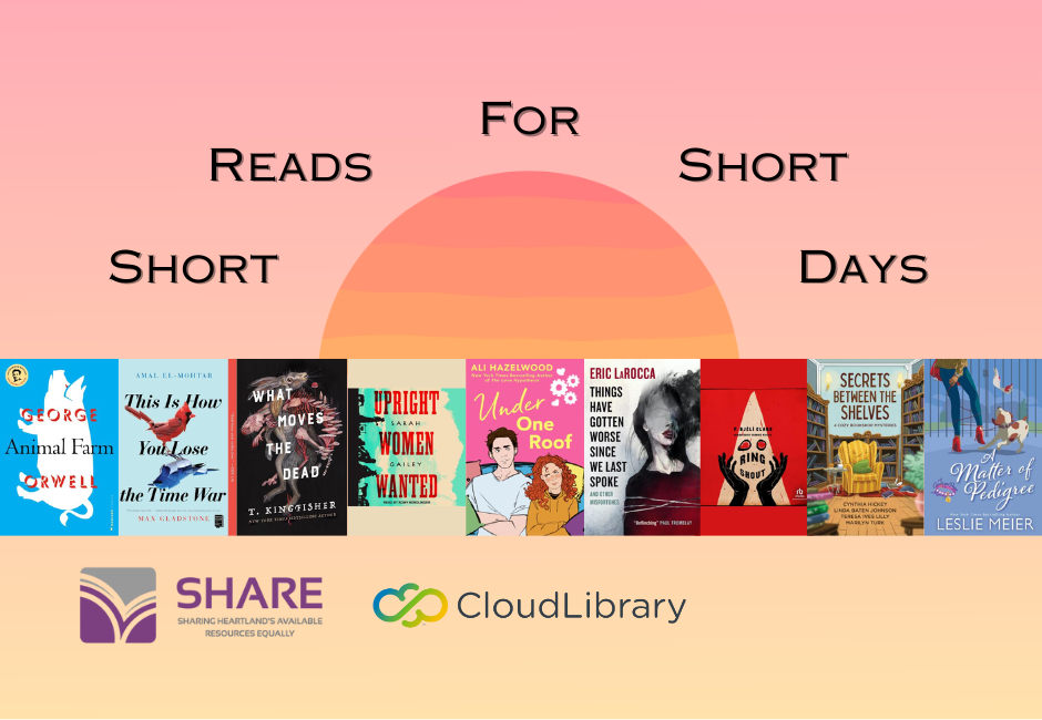 A row of book covers with a sunset above and the words "Short reads for short days".