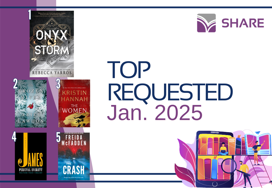 Top Requested January 2025. One is Onyx Storm by Rebecca Yarros, two is The Frozen River by Ariel Lawhon, three is The Women by Kristin Hannah, four is James by Percival Everett, and five is The Crash by Freida McFadden.Alt text: Top Requested January 2025. One is Onyx Storm by Rebecca Yarros, two is The Frozen River by Ariel Lawhon, three is The Women by Kristin Hannah, four is James by Percival Everett, and five is The Crash by Freida McFadden